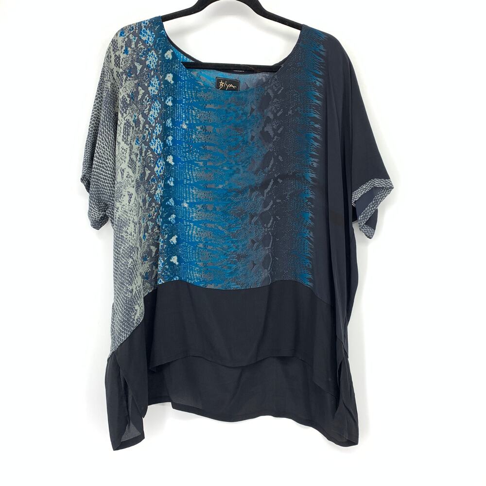 BIYA Johnny Was Womens M 100% Silk Tunic Blouse Blue Abstract Asymmetric Boho